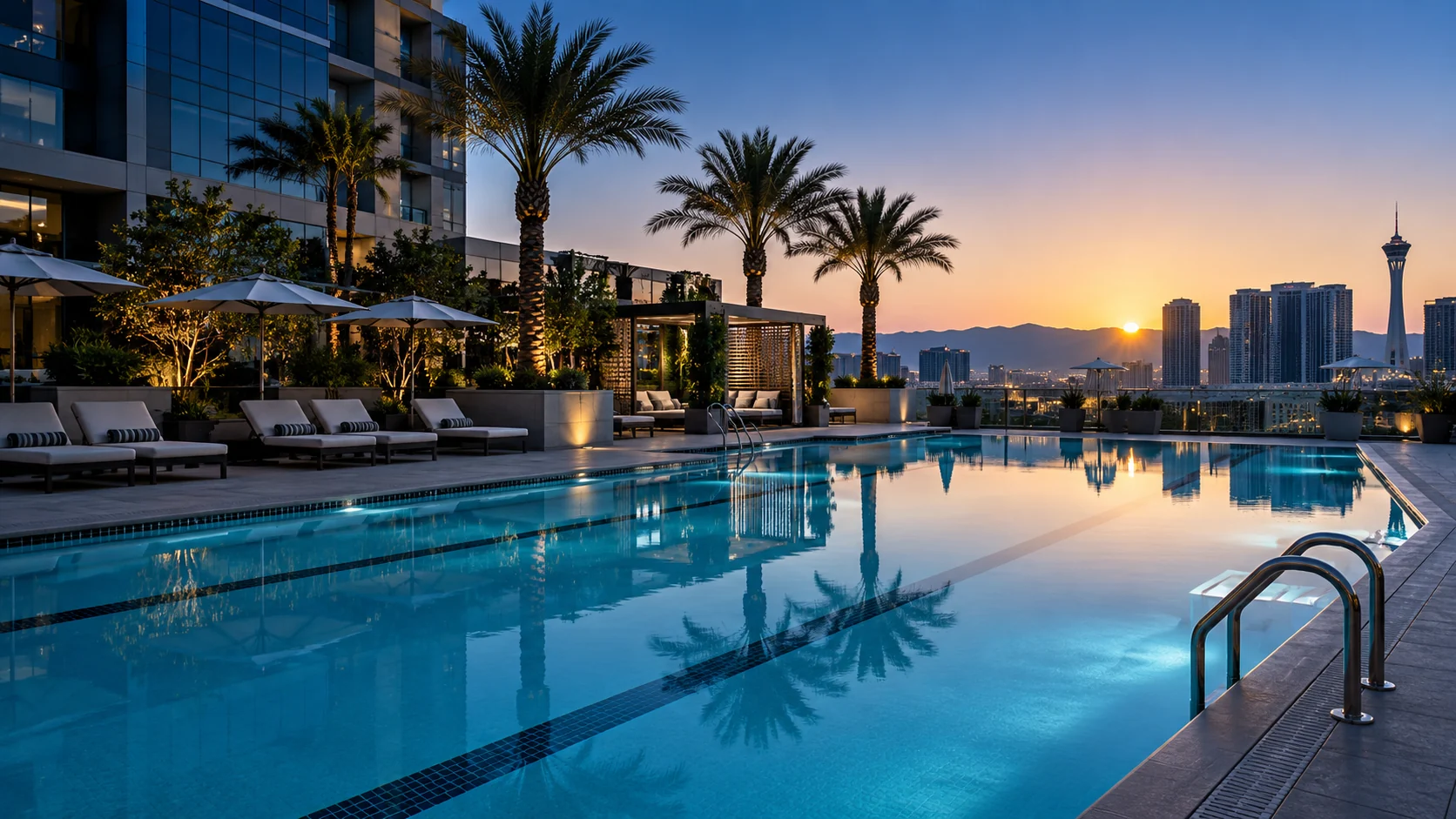 Commercial pool overlooking the Las Vegas skyline at sunrise